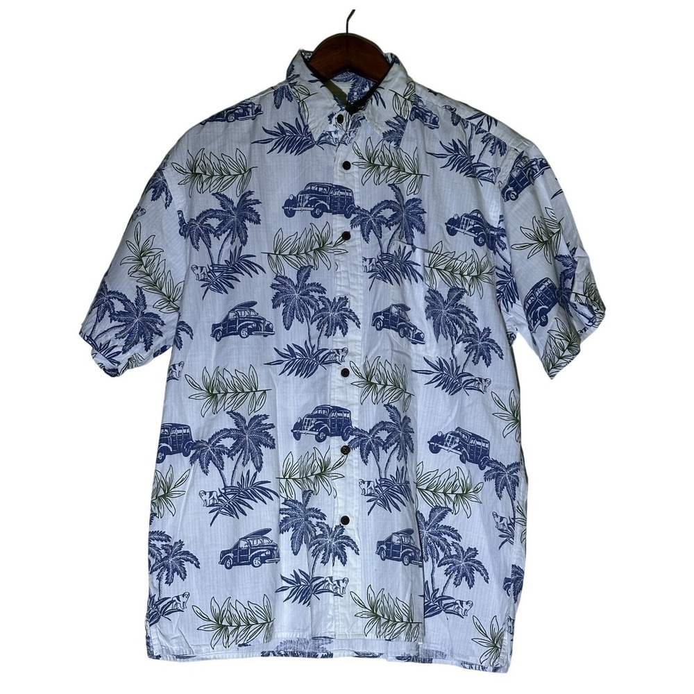 Big Dogs Button Down Shirt Mens Medium White Blue Woody Wagon Tropical Excellent